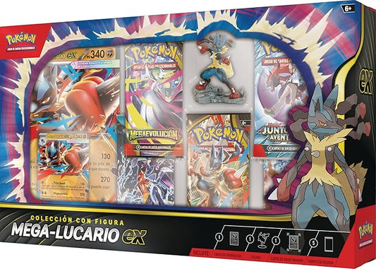 Pokémon: Colección Con Figura Mega-Lucario Ex De JCC Pokémon (1 Carta Holográfica De Promoción Grabada En Relieve, 1 Carta De Promoción De Gran Tamaño, 5 Sobres De Mejora Y 1 Figura De Mega-Lucario)