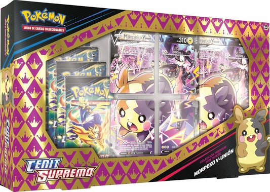 Pokémon JCC Colección Prémium Con Tapete Morpeko V-UNIÓN De Cenit Supremo, 4 Cartas, 1 Carta De Gran Tamaño Y 5 Paquetes De Mejora
